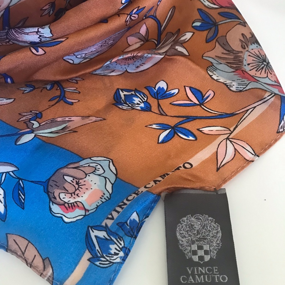 Silk Scarf Vince Camuto Brown Blue Floral Lux Cottagecore Country Patchwork
